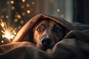 Dog hiding under blanket from fireworks