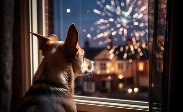 Dog looking at fireworks in Northern Virginia