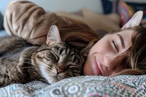 contented feline companion finds solace in caring pet sitter's embrace