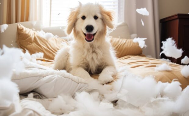 Puppy destroying bed