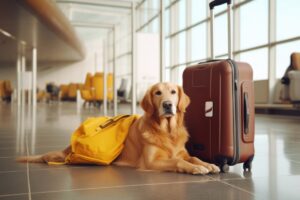 golden retriever at airport next to luggage