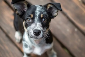 adorable cattle dog mix puppy on wooden deck in Northern VA