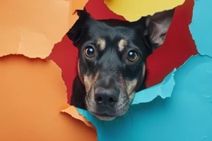 curious dog peeks through holes torn in a vibrant paper backdrop