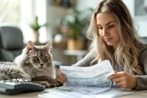 Macro shot of Northern VA woman accountant comparing pet bills alongside an insurance policy at office desk