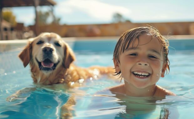 golden retriever swimming in pool with boy in northern virginia