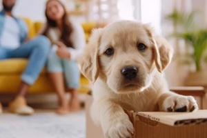 cute golden retriever puppy rests on a cardboard box with family members blurred in the background