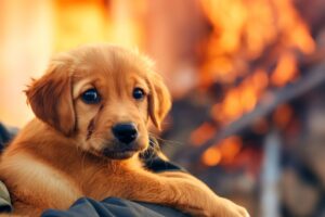 Puppy outside house fire