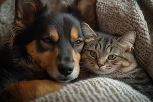 cat and dog hugging and sleeping together