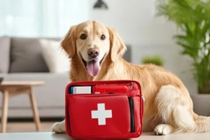 dog sitting with first aid kit