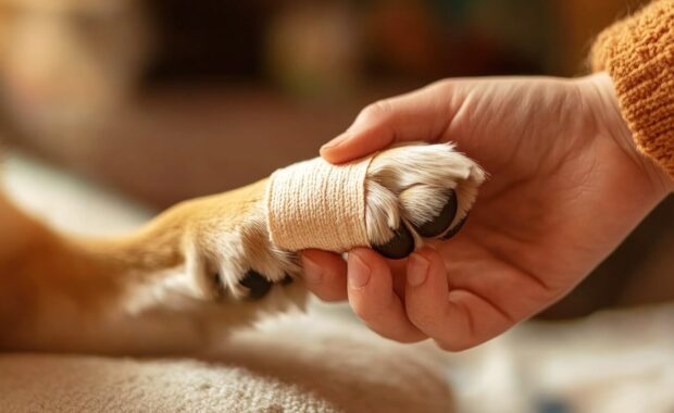 Northern VA pet sitter gently holding a dog's paw wrapped in a beige bandage