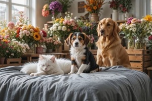 white cat and two dogs sitting on a couch