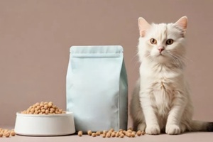 cat sitting next to food package