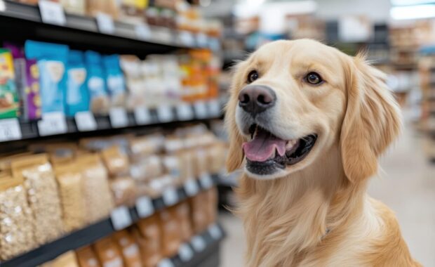 cheerful golden retriever poses among various pet food products in a well-organized store aisle