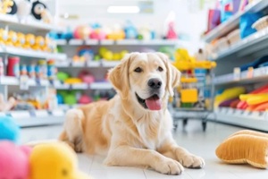 playful golden retriever lies in a pet store aisle surrounded by colorful toys